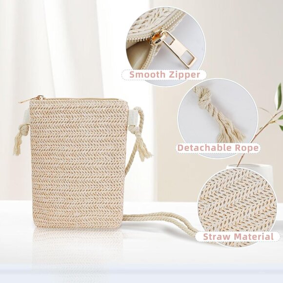 Stylish Straw and Polyester Beige Crossbody Cell Phone Purse with Detachable Rop - Picture 3 of 6